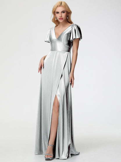 Silver Bridesmaid Dresses Deep V-Neck Short Sleeves Stretch Satin Bridesmaid Dress With Split