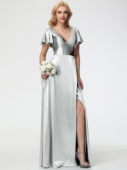Silver Bridesmaid Dresses Deep V-Neck Short Sleeves Stretch Satin Bridesmaid Dress With Split