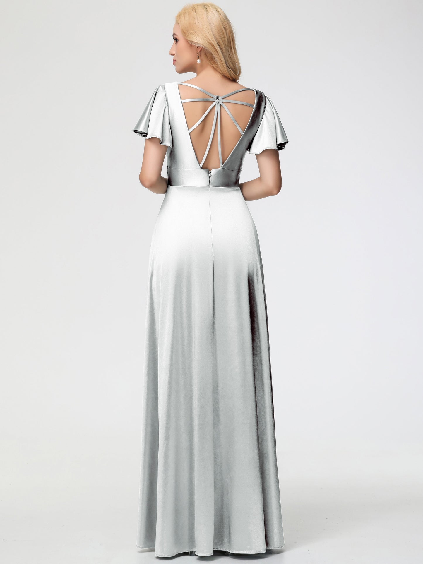 Silver Bridesmaid Dresses Deep V-Neck Short Sleeves Stretch Satin Bridesmaid Dress With Split