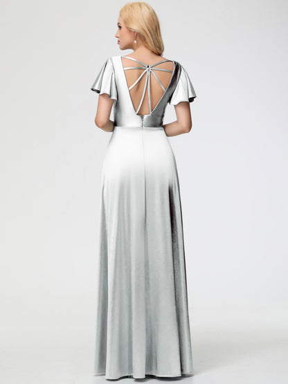 Silver Bridesmaid Dresses Deep V-Neck Short Sleeves Stretch Satin Bridesmaid Dress With Split