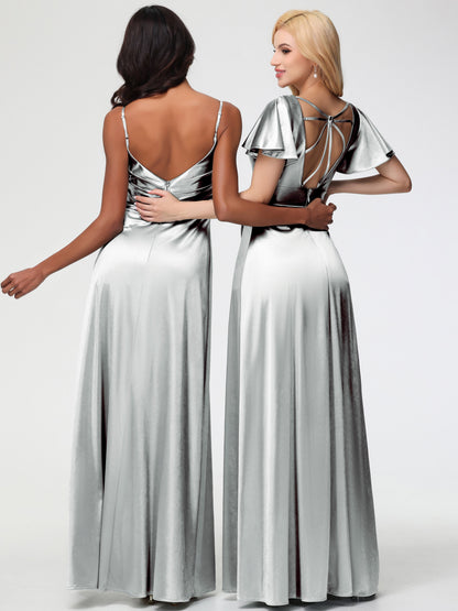 Silver Bridesmaid Dresses Deep V-Neck Short Sleeves Stretch Satin Bridesmaid Dress With Split