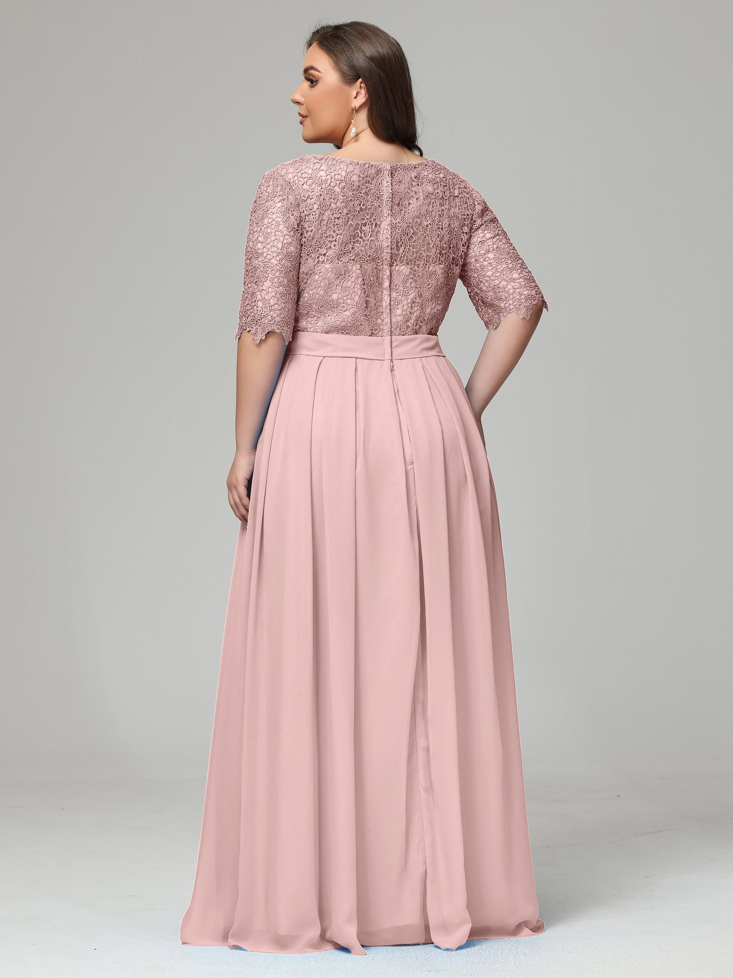 Illussion Neckline and Back Half Sleeves Scoop Lace Plus Size Bridesmaid Dresses