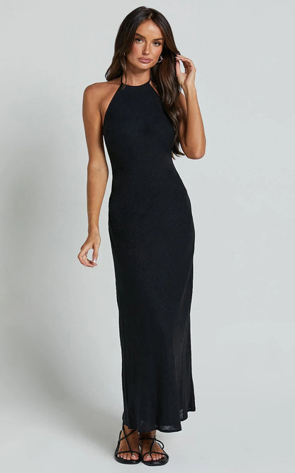 Cyrena Maxi Dress - Linen Halter Neck Sleeveless Slip Dress in Black