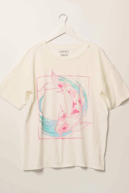 Playing Koi Oversized Distressed Grpahic Tee