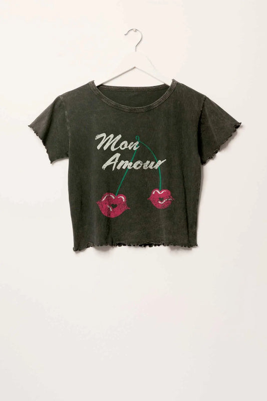 Mon Amour Cropped Lettuce-Edge Graphic Baby Tee