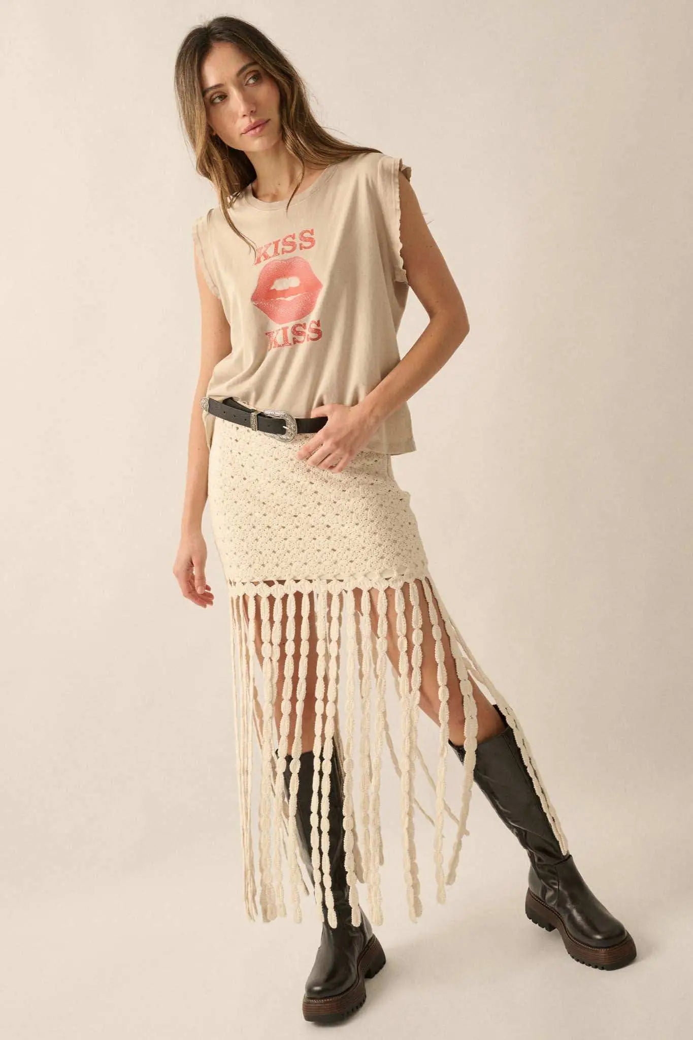 Kiss Kiss Distressed Sleeveless Graphic Tee