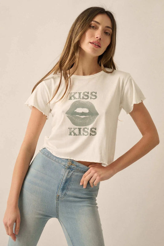 Kiss Kiss Cropped Lettuce-Edge Graphic Baby Tee