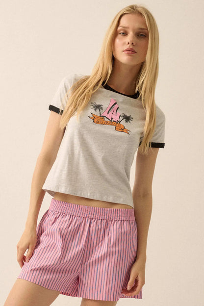 LA Vibes Vintage-Print Graphic Ringer Tee