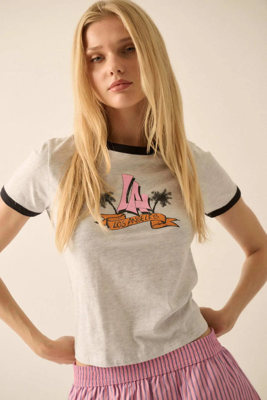 LA Vibes Vintage-Print Graphic Ringer Tee