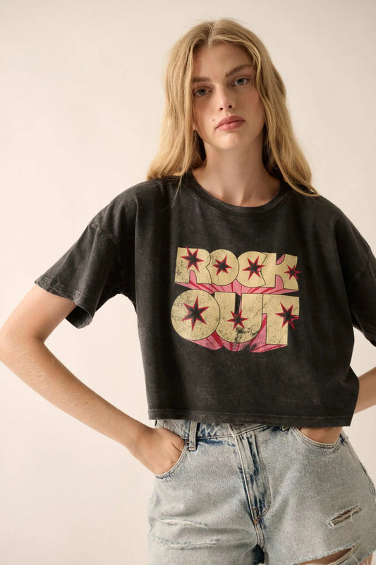 Rock Out Cropped Vintage-Wash Graphic Tee