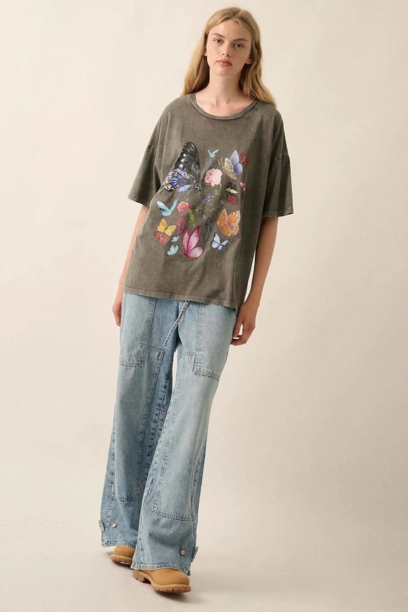 Butterfly Meadow Vintage-Wash Oversize Graphic Tee