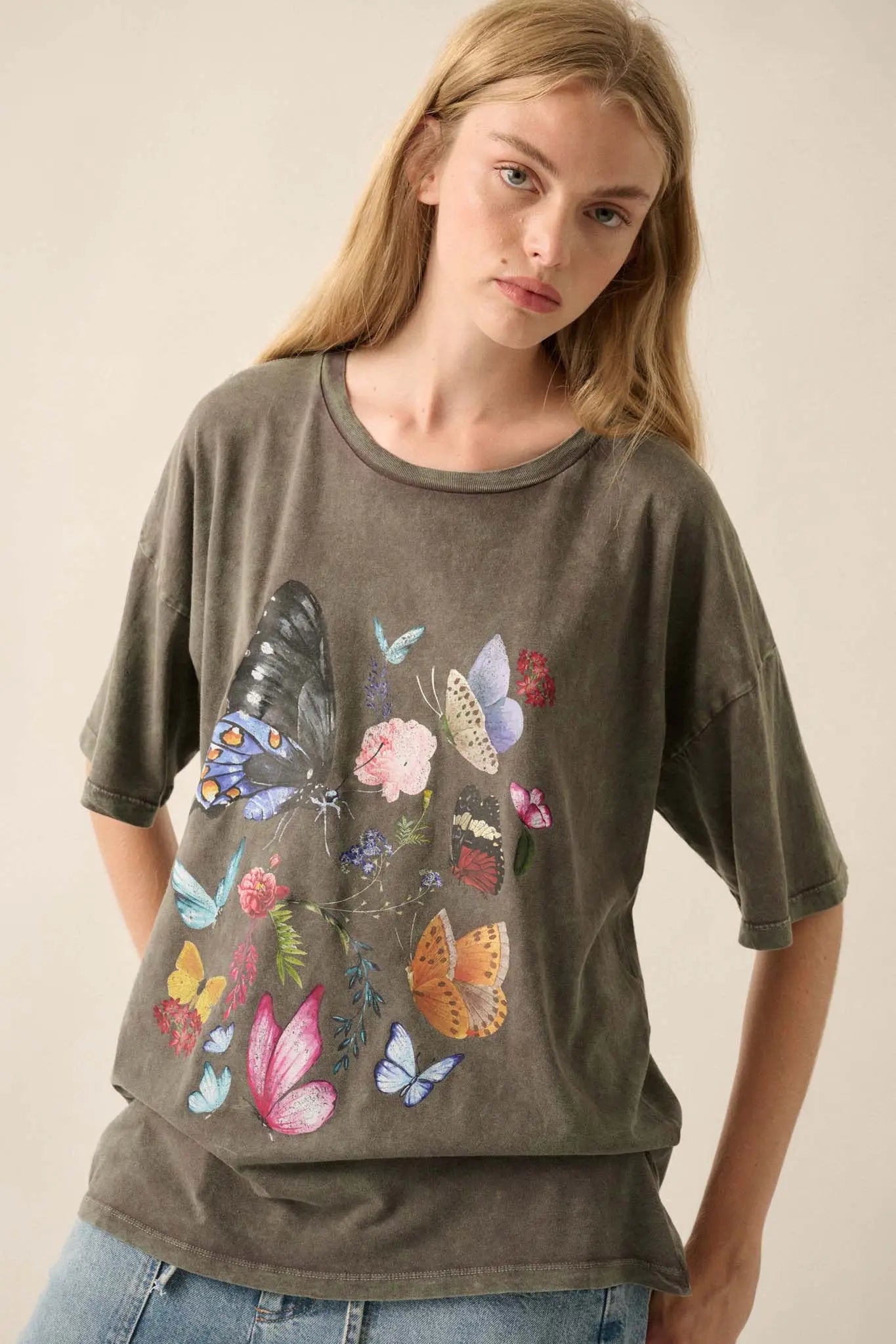 Butterfly Meadow Vintage-Wash Oversize Graphic Tee