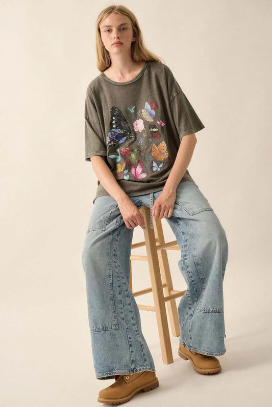 Butterfly Meadow Vintage-Wash Oversize Graphic Tee