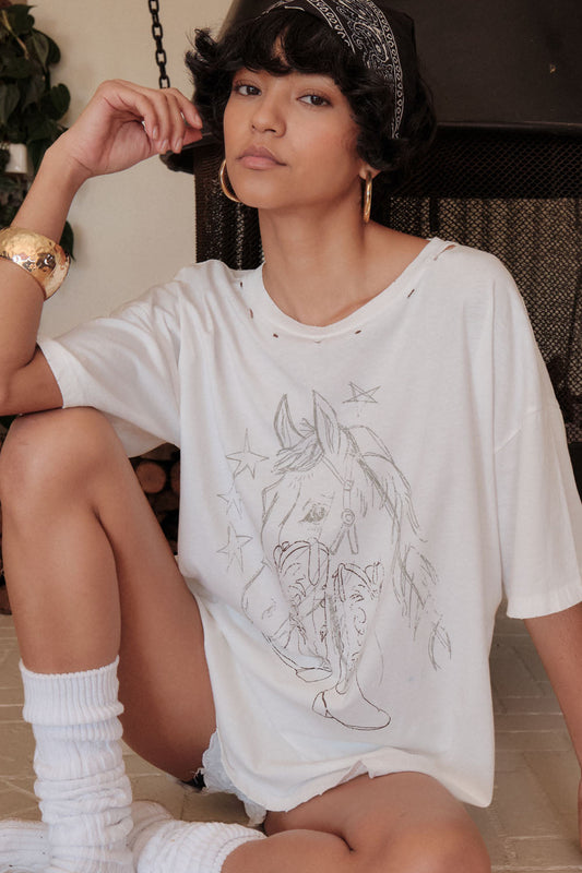 One Horse Town Distressed Hand-Drawn Graphic Tee