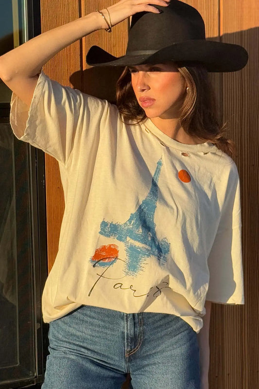 Paris Eiffel Tower Distressed Oversize Graphic Tee