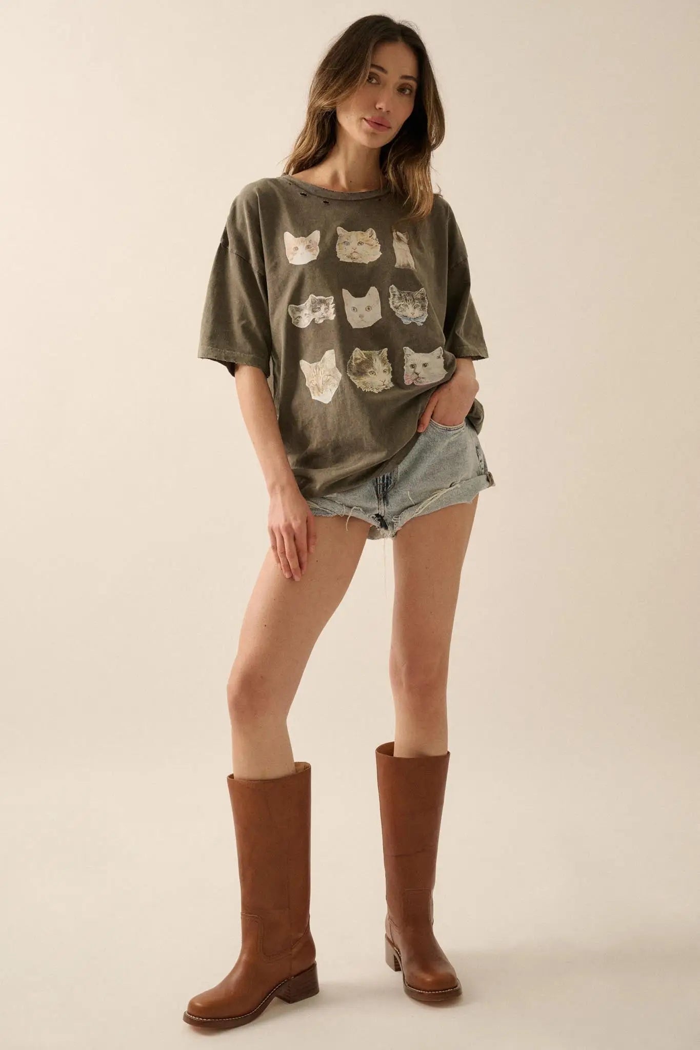 Cool Cats Distressed Oversize Graphic Tee