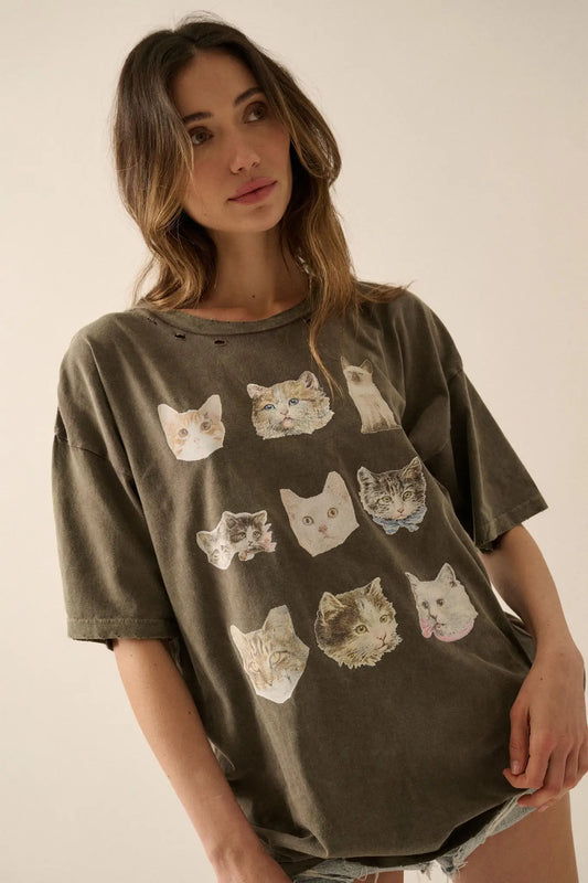 Cool Cats Distressed Oversize Graphic Tee
