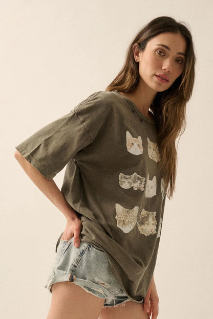 Cool Cats Distressed Oversize Graphic Tee