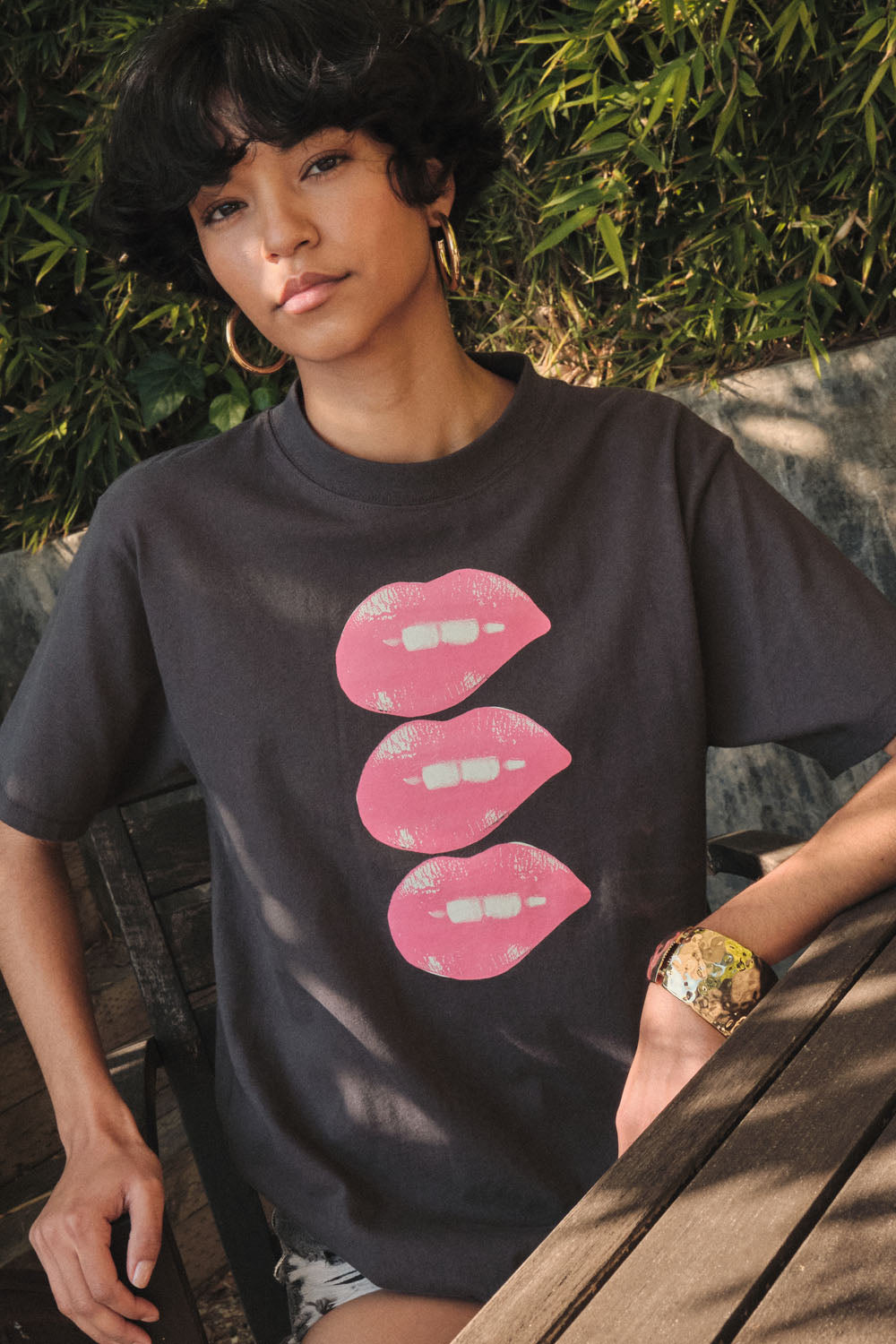 Lip Bite Vintage-Print Garment-Dyed Graphic Tee