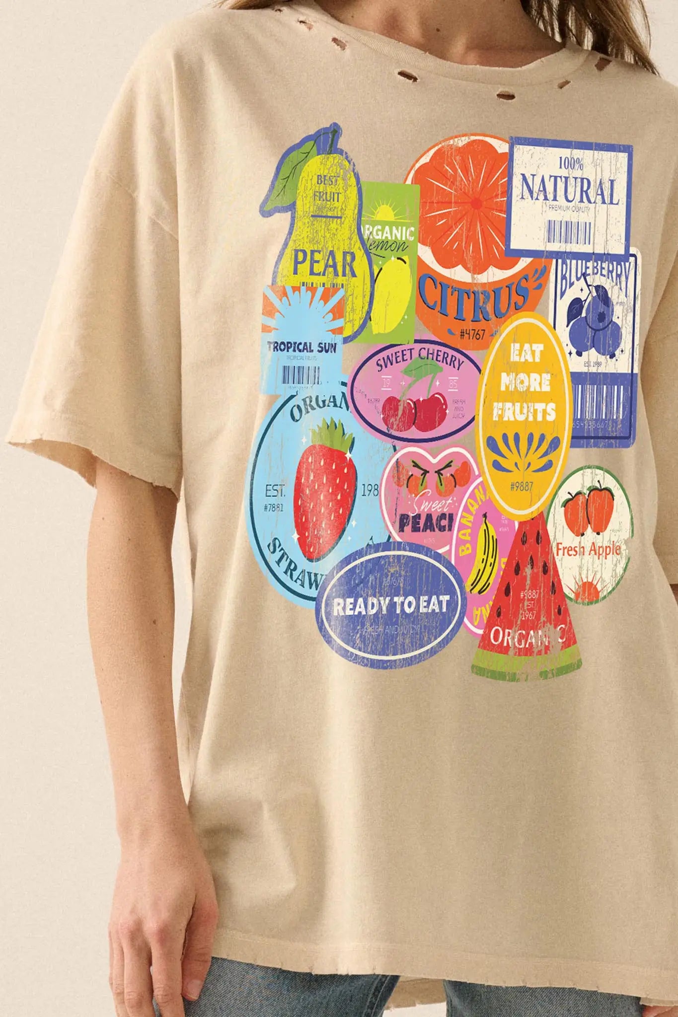 Fruit Stickers Distressed Oversize Graphic Tee