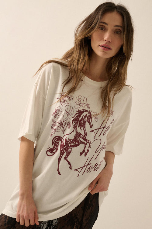 Hold Your Horses Distressed Floral Graphic Tee