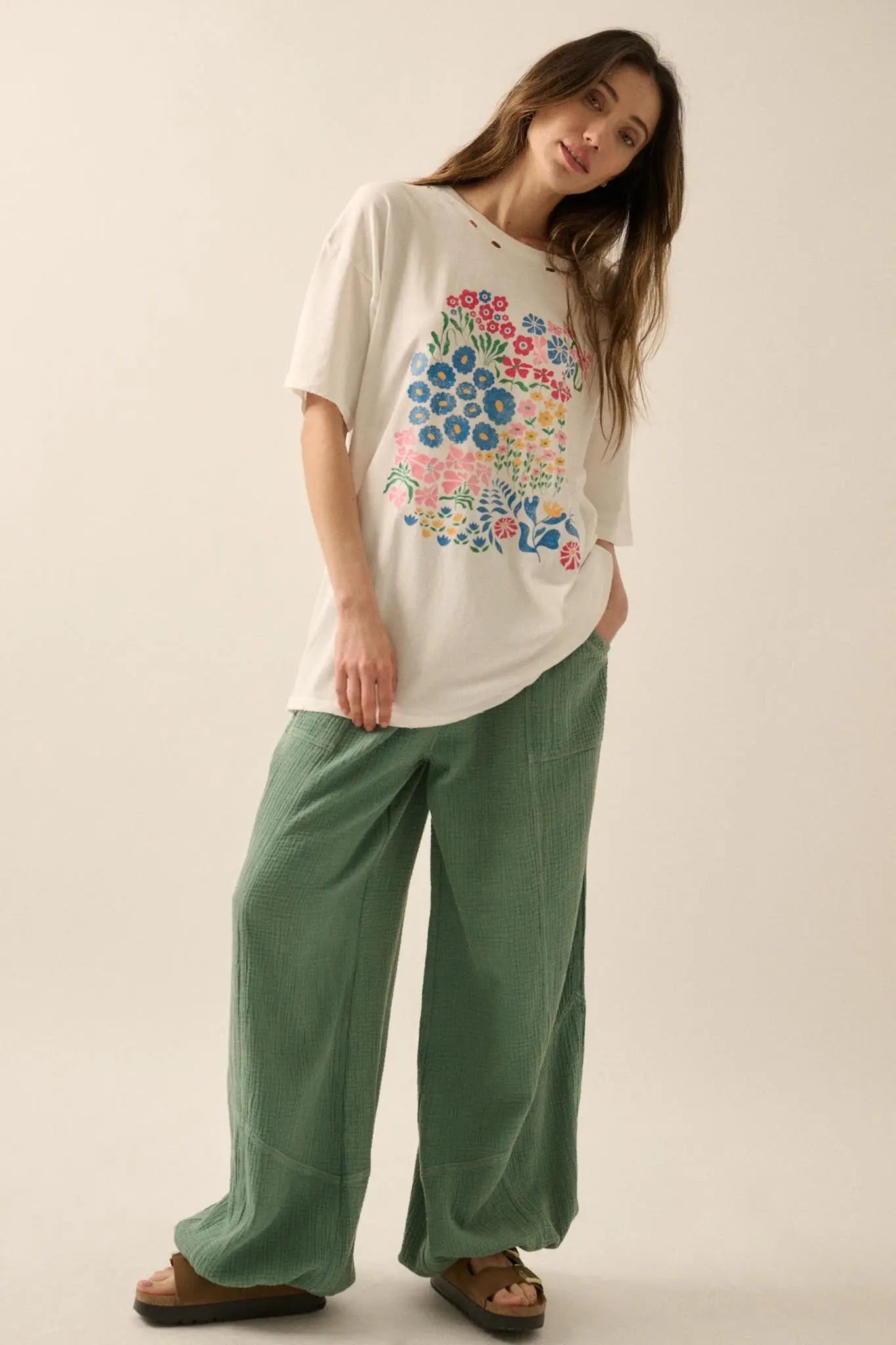 Flower Girl Distressed Oversize Floral Graphic Tee
