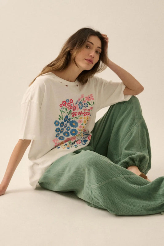 Flower Girl Distressed Oversize Floral Graphic Tee