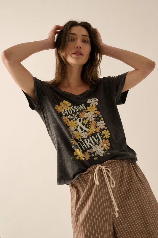 Blossom & Thrive Floral V-Neck Graphic Tee