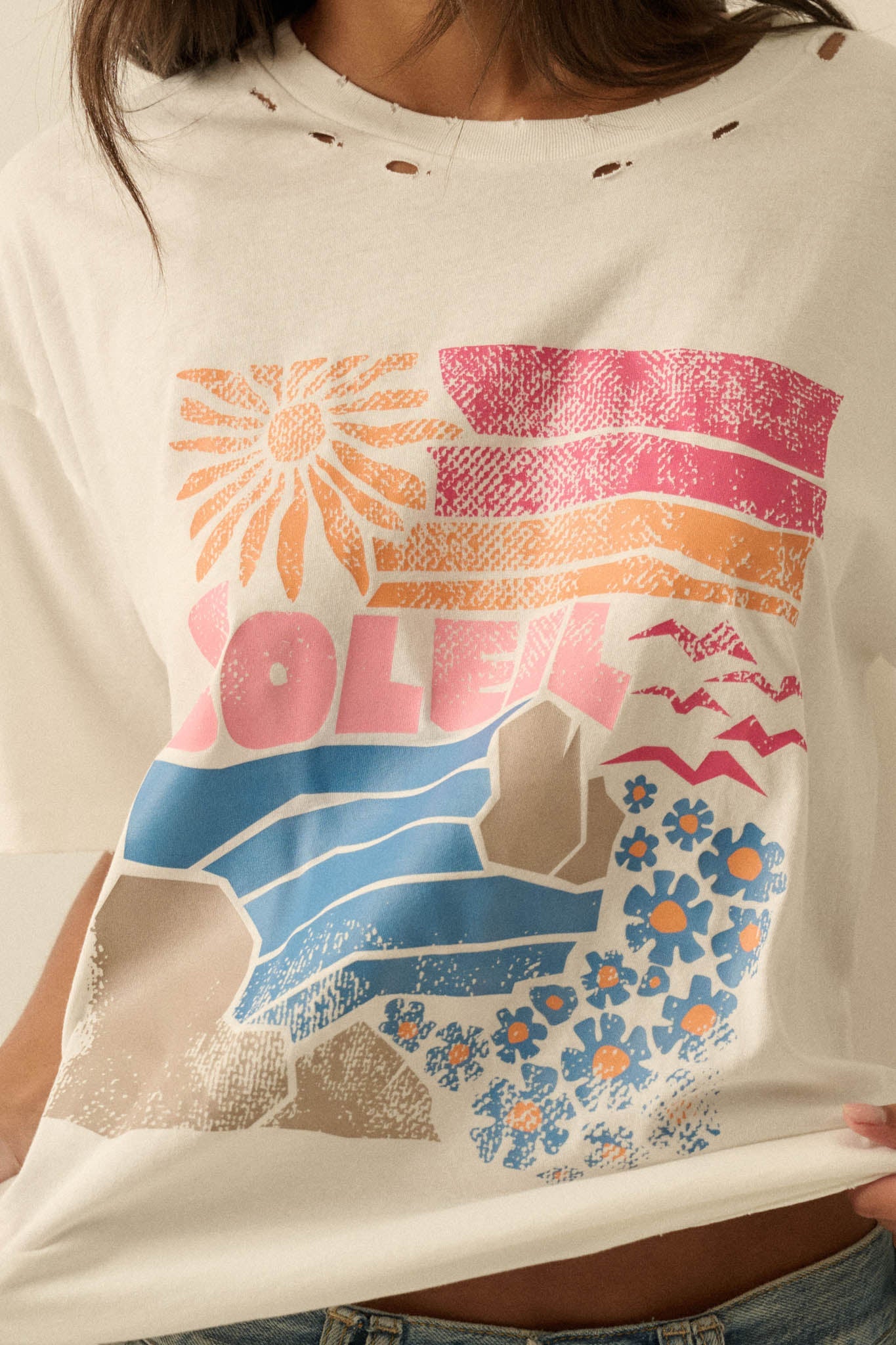 Soleil Beach Distressed Oversize Graphic Tee
