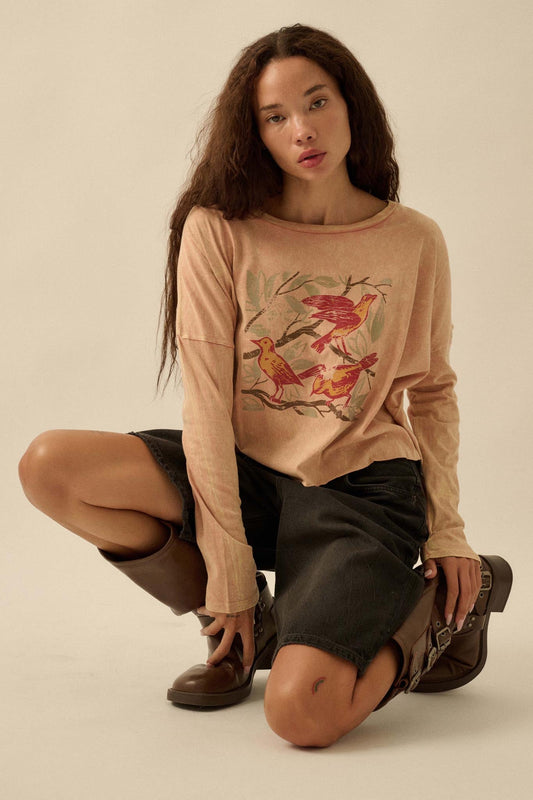 Bird Watching Vintage-Wash Long-Sleeve Graphic Tee