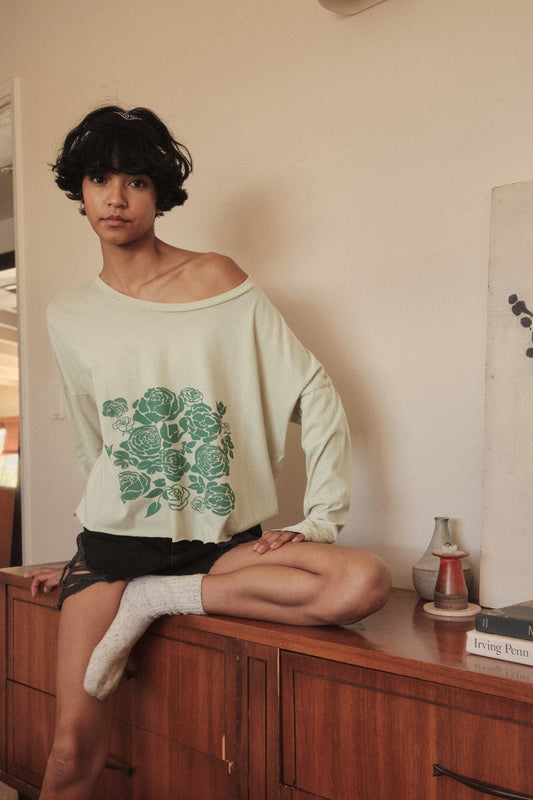 Sage Blooms Vintage-Wash Long-Sleeve Graphic Tee