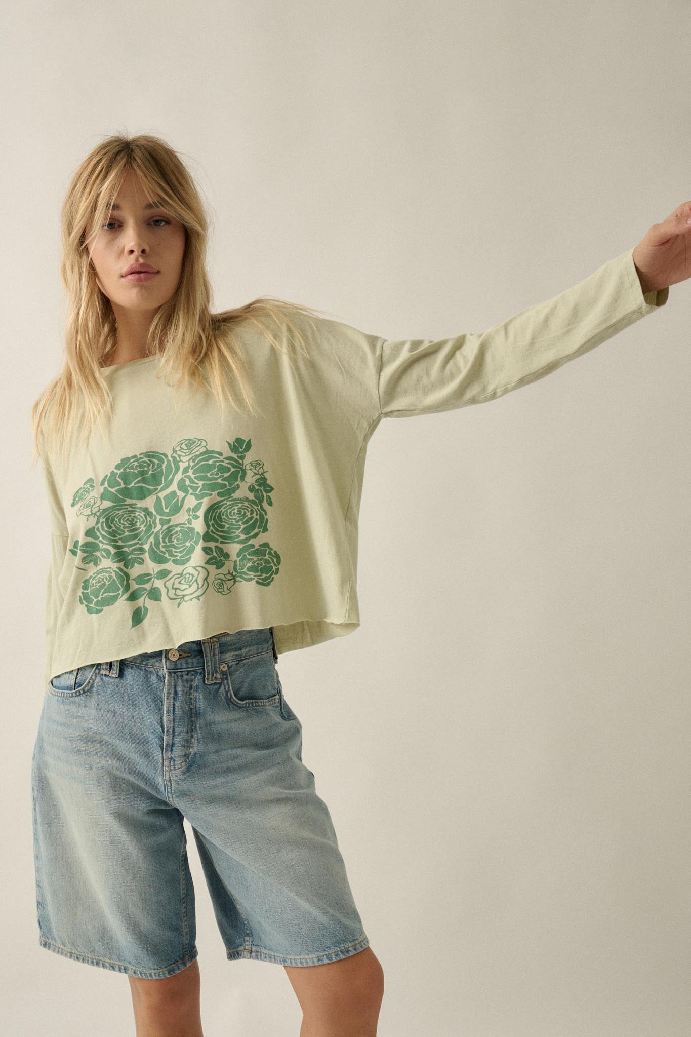 Sage Blooms Vintage-Wash Long-Sleeve Graphic Tee