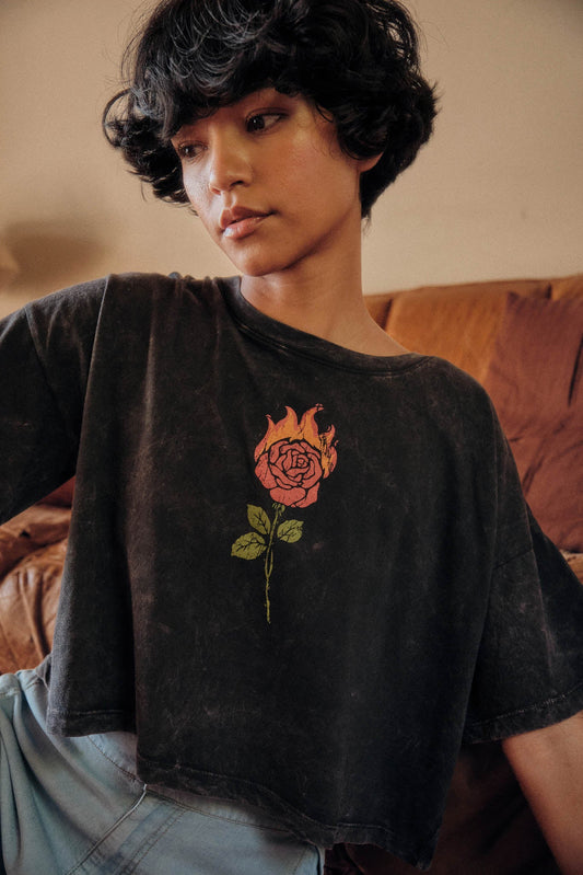 Burning Rose Vintage-Wash Cropped Graphic Tee