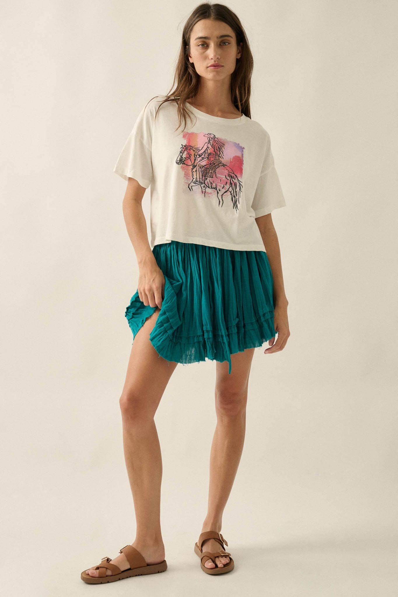 Cowgirl Ride Vintage-Print Cropped Graphic Tee