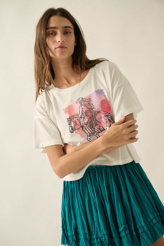 Cowgirl Ride Vintage-Print Cropped Graphic Tee