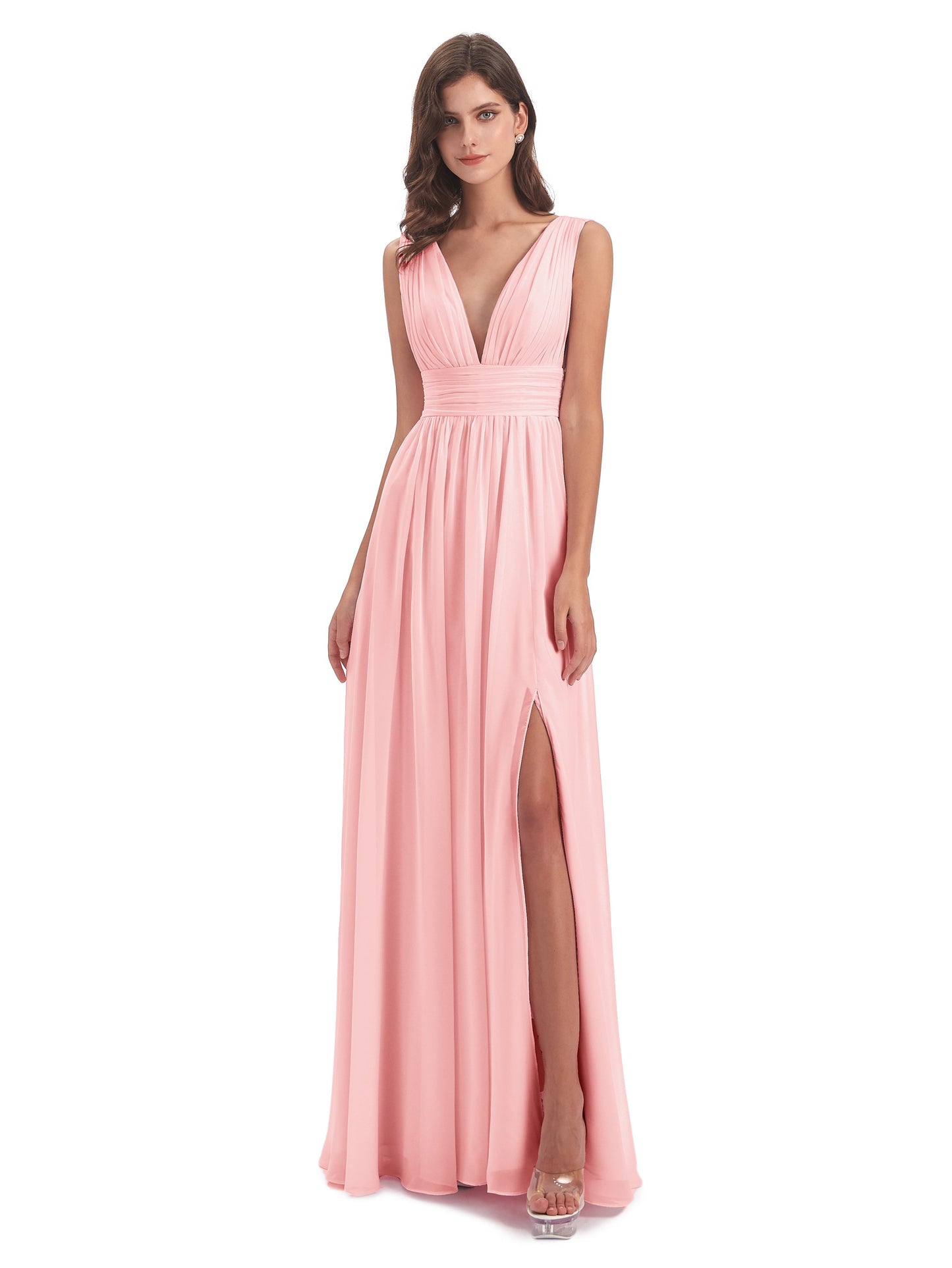 Emma Floor Length V Neck Split Chiffon Bridesmaid Dresses