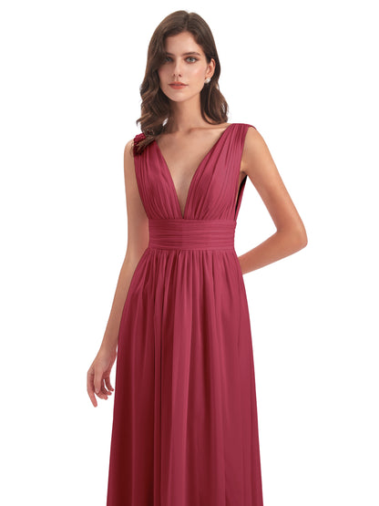 Emma Floor Length V Neck Split Chiffon Bridesmaid Dresses