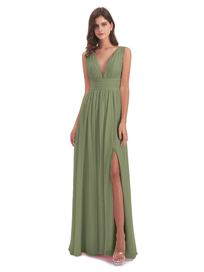 Olive Green Bridesmaid Dress A Line Floor Length V Neck Chiffon Bridesmaid Dresses with Slit