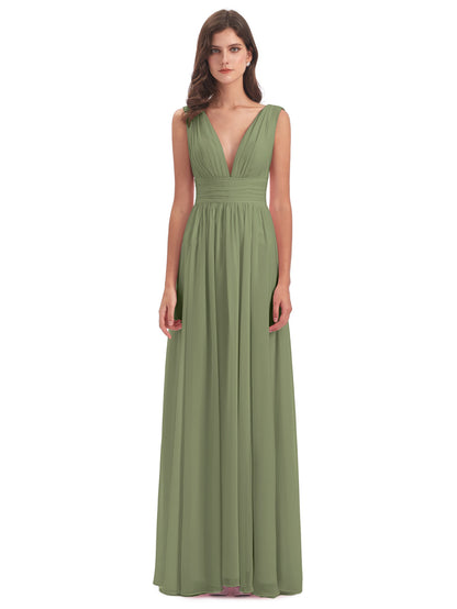 Olive Green Bridesmaid Dress A Line Floor Length V Neck Chiffon Bridesmaid Dresses with Slit