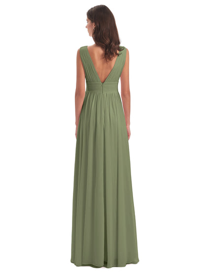 Olive Green Bridesmaid Dress A Line Floor Length V Neck Chiffon Bridesmaid Dresses with Slit