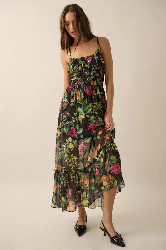 Luscious Life Fruit-Print Gathered Maxi Dress