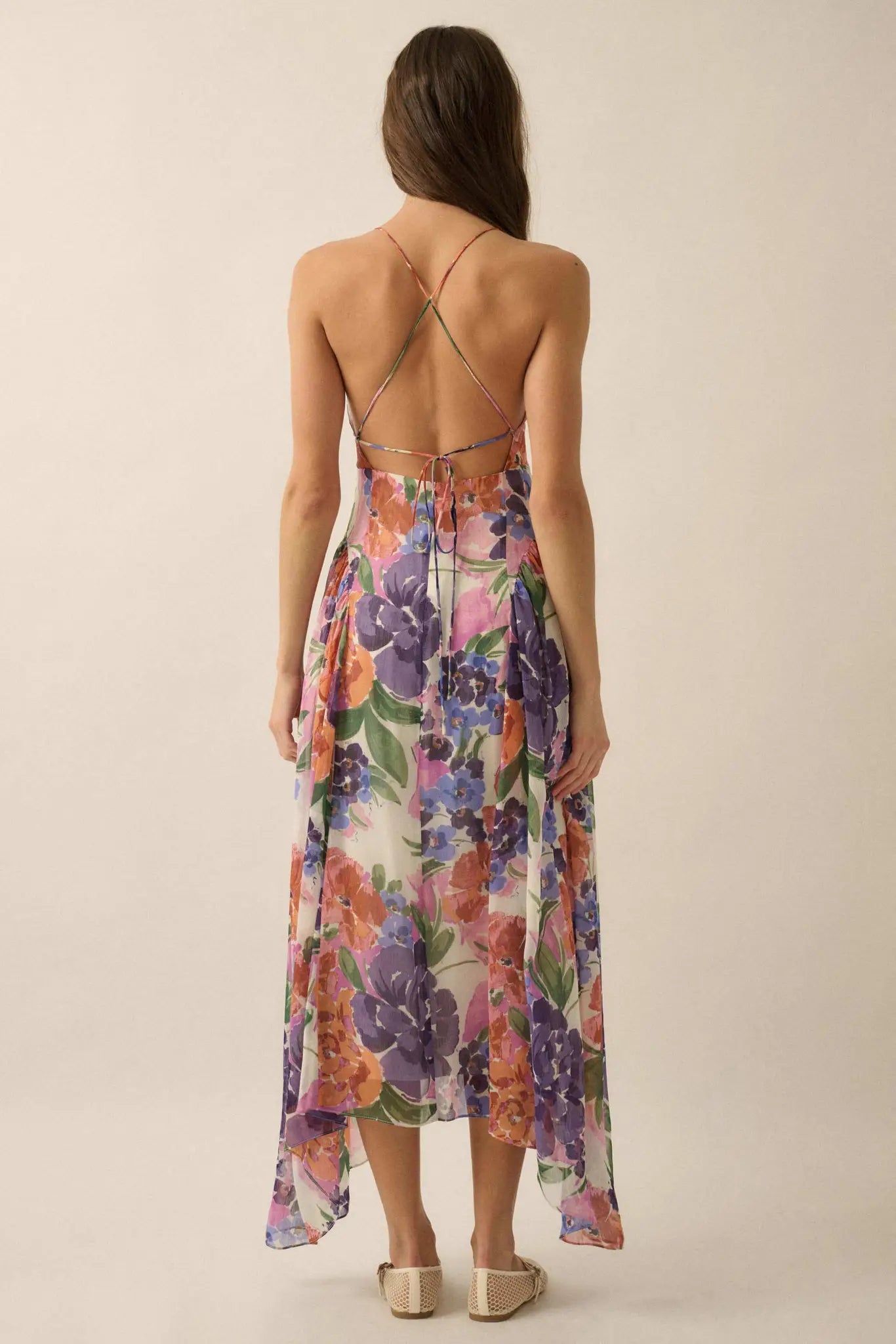 Lush Garden Floral Chiffon Open-Back Maxi Dress
