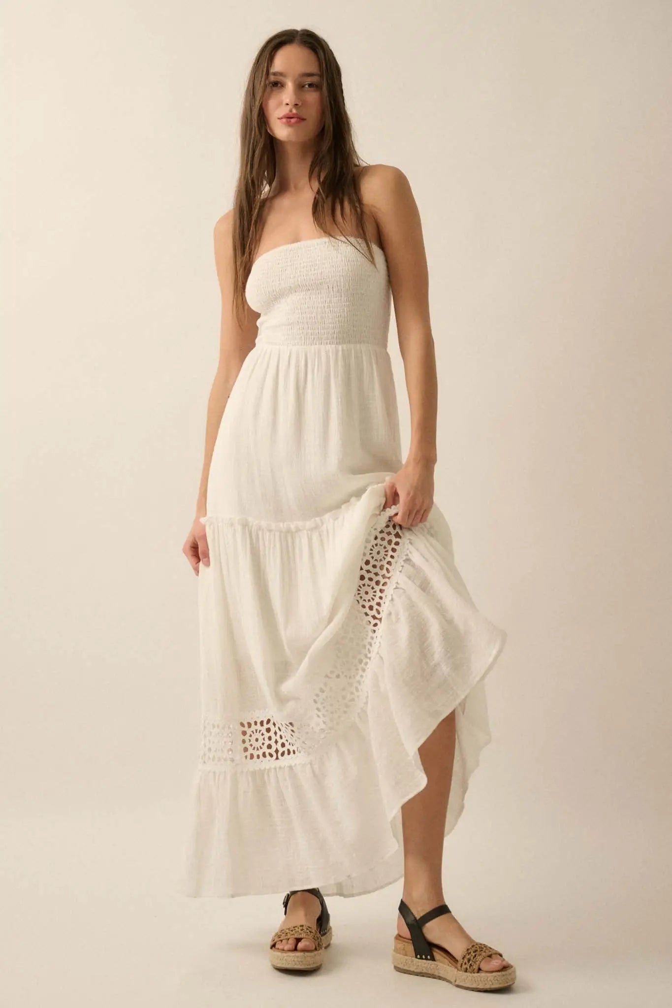 Free at Heart Lace-Inset Strapless Maxi Dress