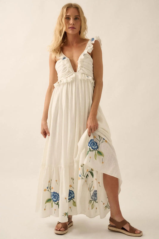 Embroidered Blossoms Ruffled Cotton Maxi Dress