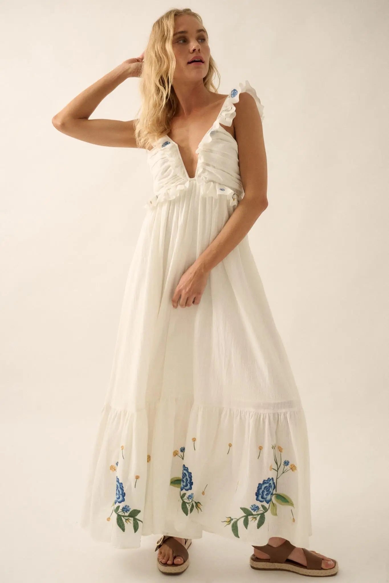 Embroidered Blossoms Ruffled Cotton Maxi Dress