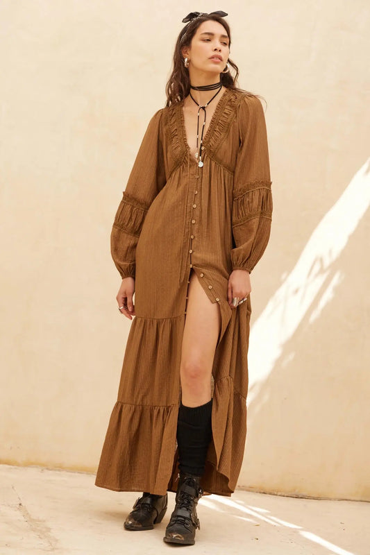 Love Abounds Button-Up Balloon-Sleeve Maxi Dress