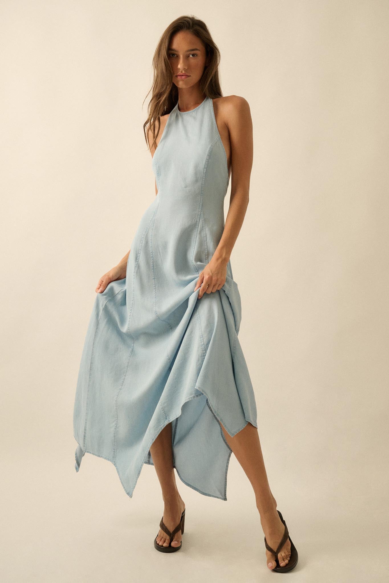 Kiss the Sky Denim Halter Handkerchief Maxi Dress