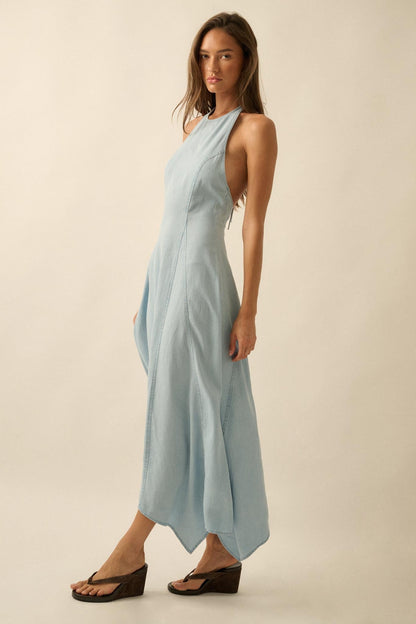 Kiss the Sky Denim Halter Handkerchief Maxi Dress