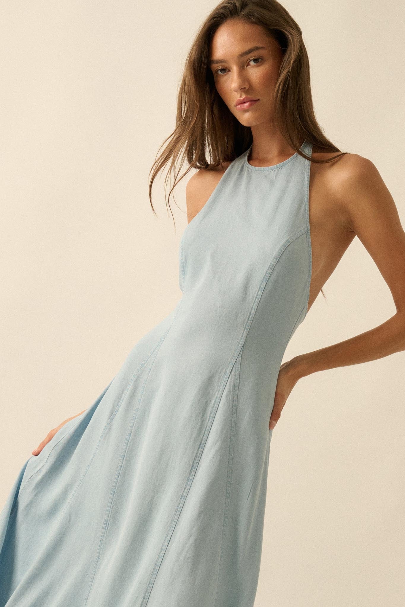 Kiss the Sky Denim Halter Handkerchief Maxi Dress