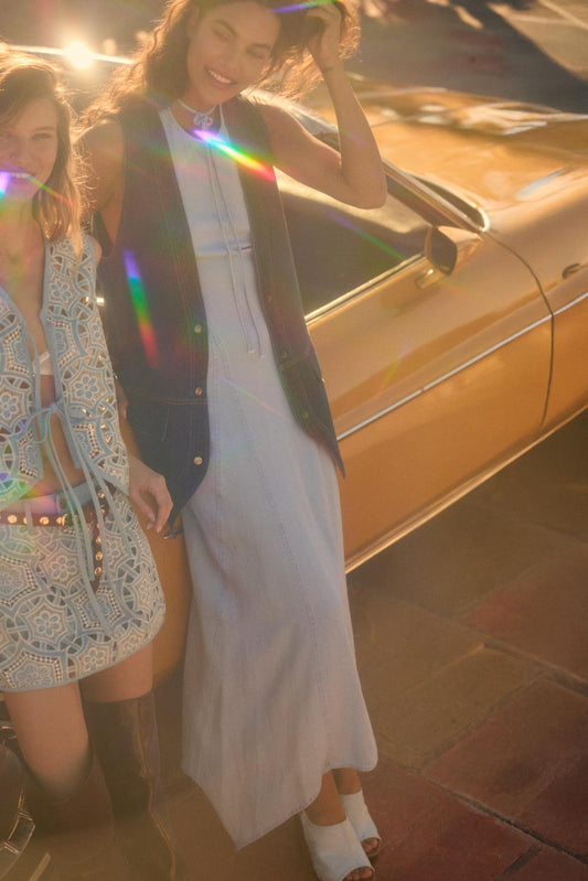 Kiss the Sky Denim Halter Handkerchief Maxi Dress